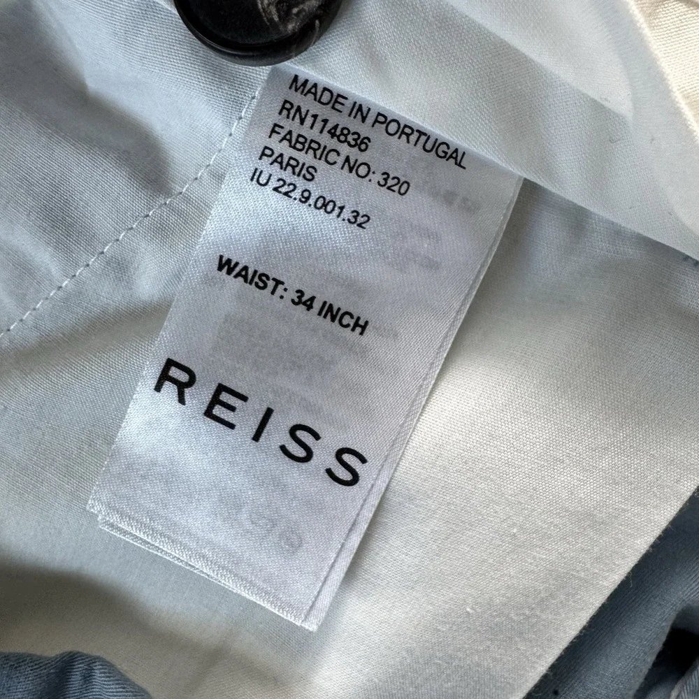 Reiss Blue Cotton Stretch Flat Front Mens Chino Trouser 34x29 Made in Portugal